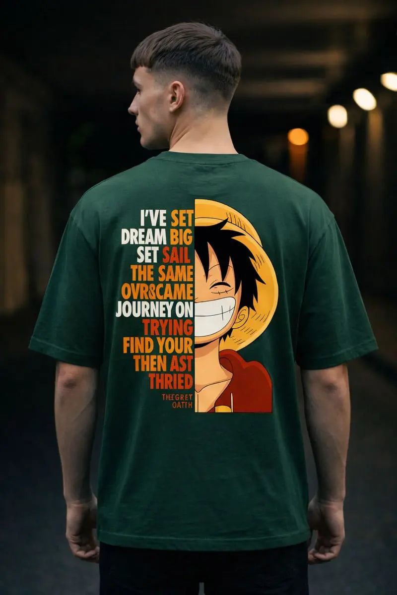 Adventure King anime graphic t-shirt green color back view
