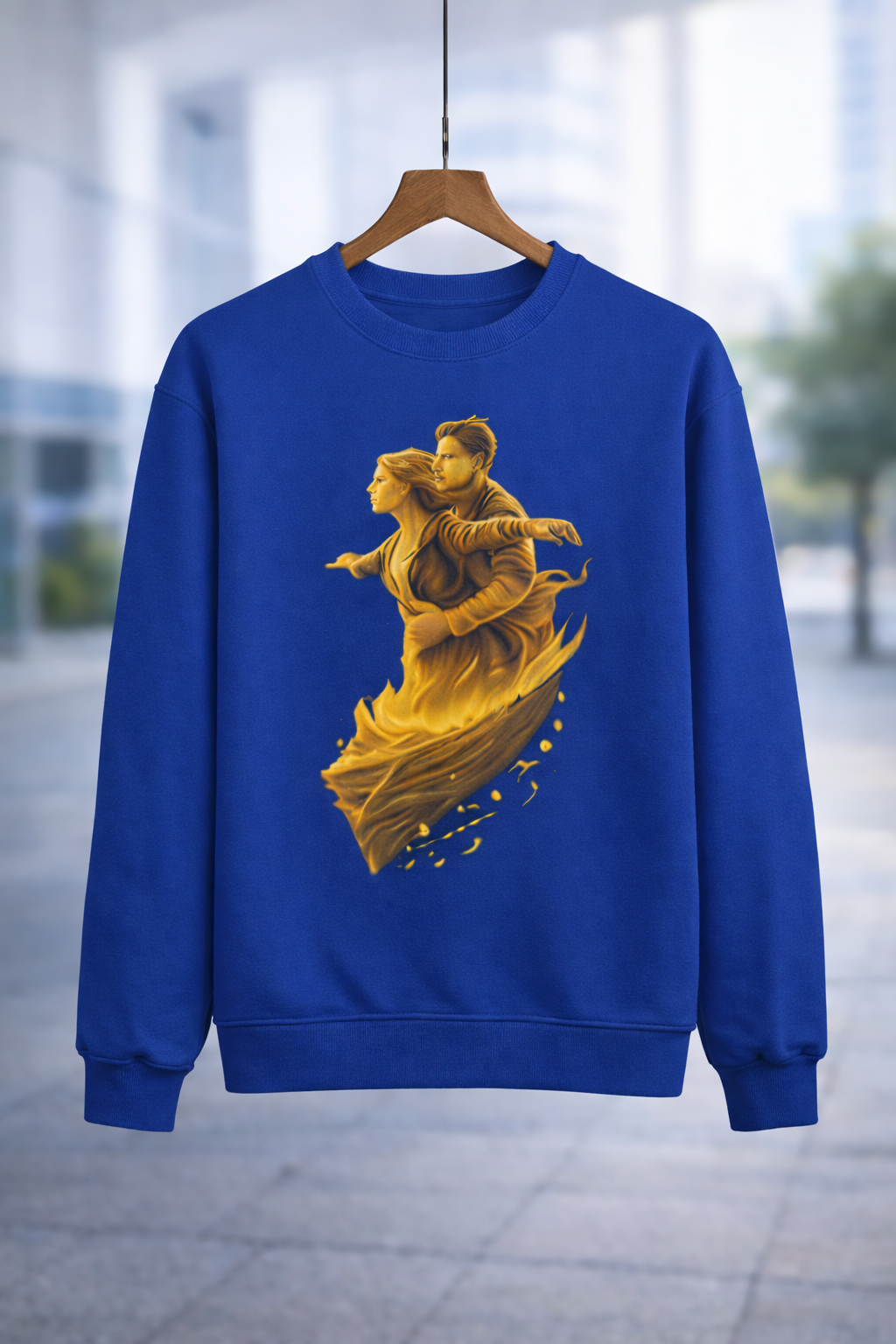 Blue couple graphic sweatshirt unisex cotton fleece artistic romantic design front view