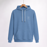 Blue unisex cotton fleece hoodie with minimal geometric symbol design front view