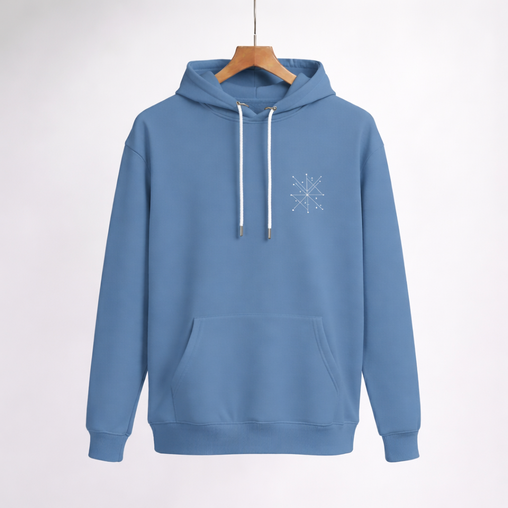 Blue unisex cotton fleece hoodie with minimal geometric symbol design front view
