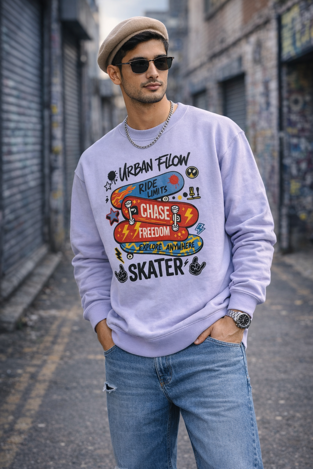 Urban Flow Skater Oversized Sweatshirt – 240 GSM Cotton Streetwear Crewneck OOVIZ