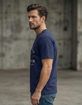 Close up of Freedom Ride Cafe Racer motorcycle print on navy blue t-shirt