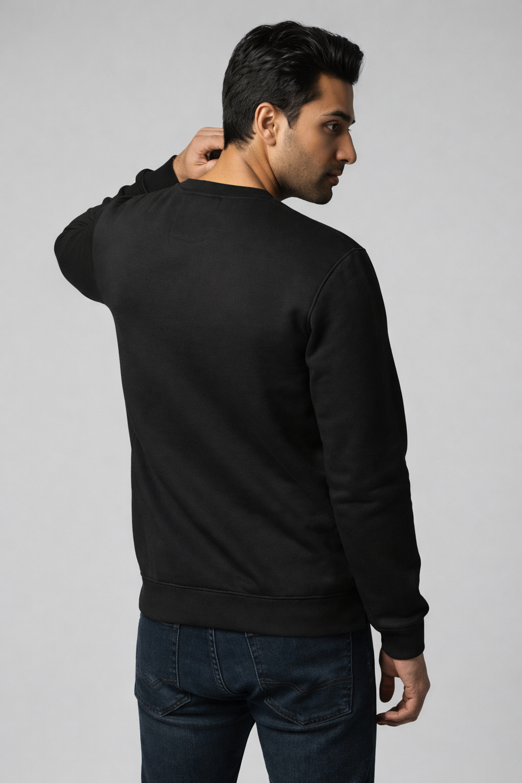 Male model wearing black couple graphic sweatshirt back view streetwear