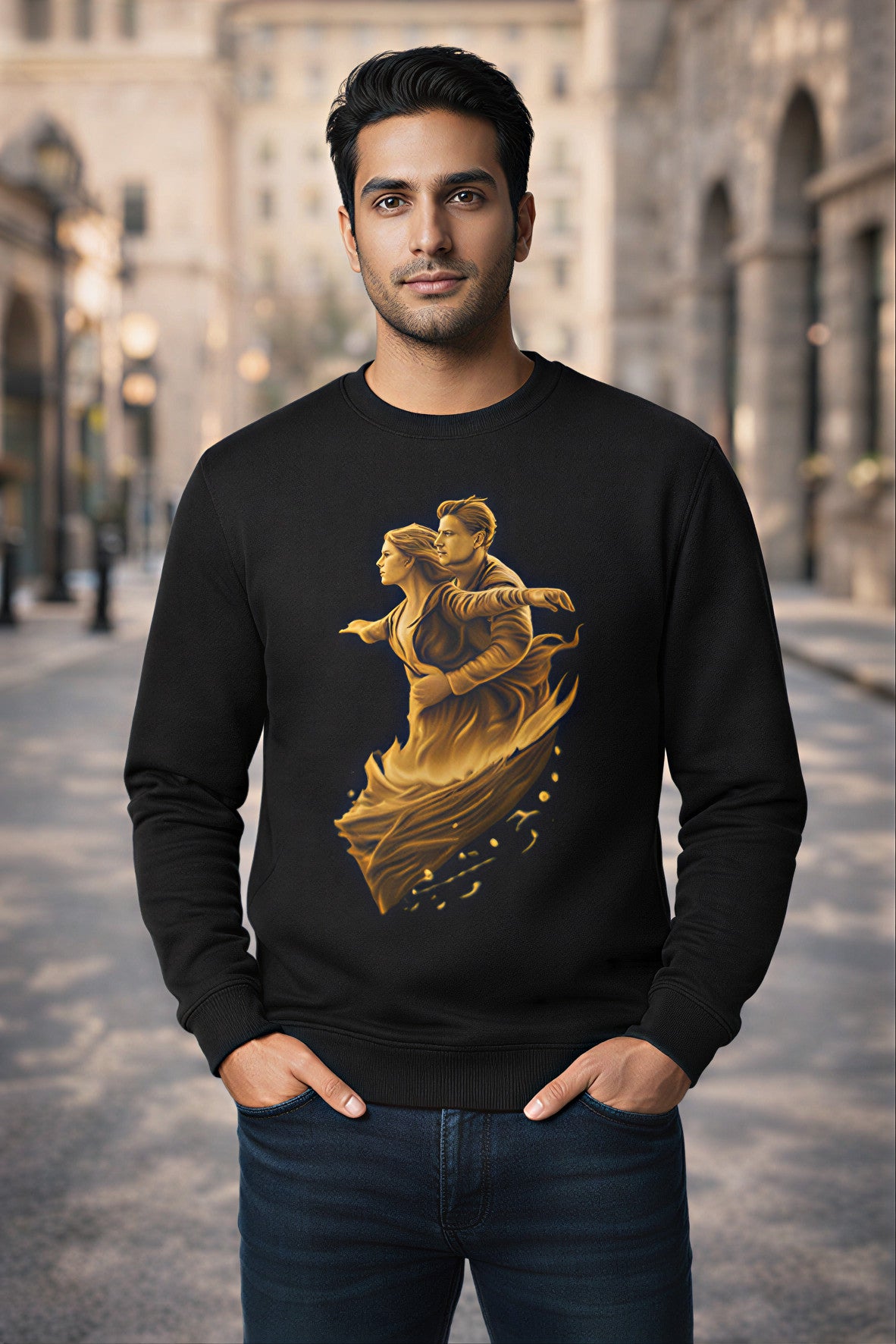 Male model wearing black couple graphic sweatshirt front view romantic streetwear
