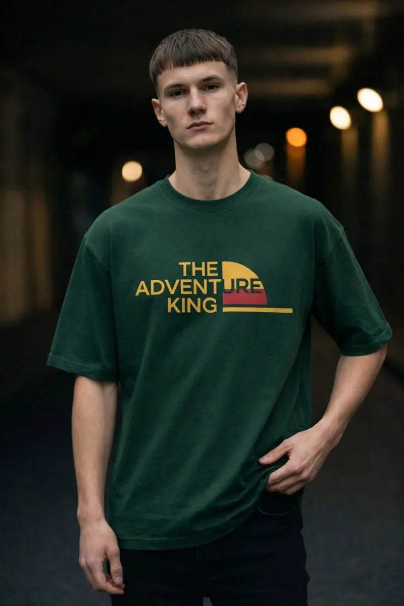 Front view Adventure King printed green cotton t-shirt