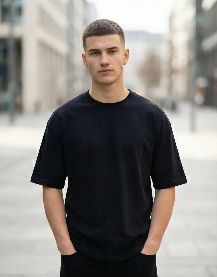 Front view plain black cotton t-shirt men regular fit