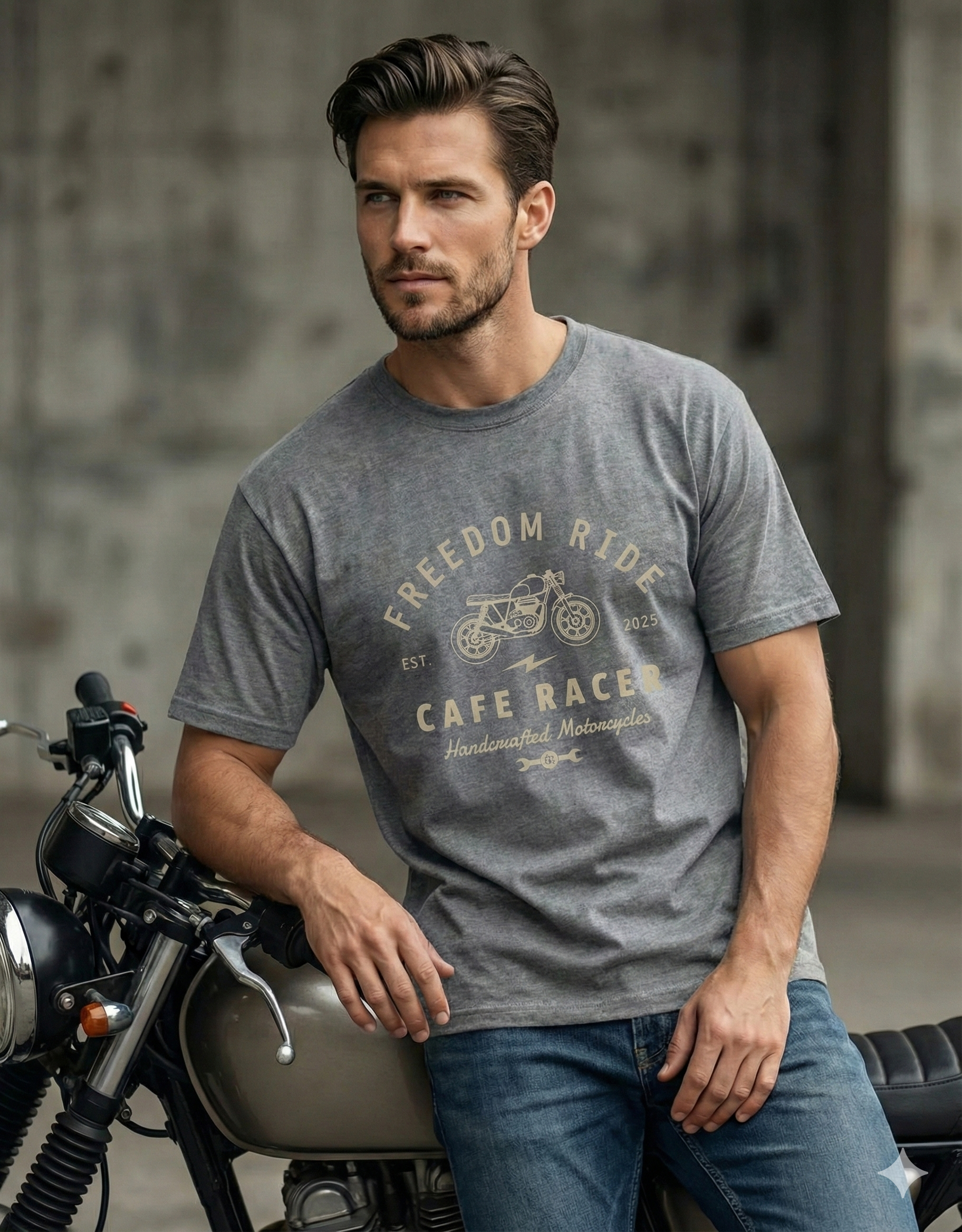 Grey Freedom Ride Cafe Racer motorcycle t-shirt for men