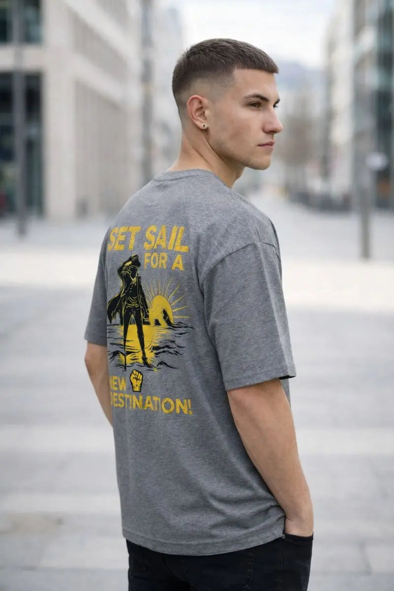 Grey Set Sail New Destination travel graphic t-shirt men