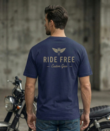 Man wearing Freedom Ride Cafe Racer graphic t-shirt casual fit