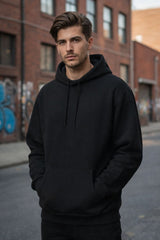 Men wearing black winter hoodie with regular fit and premium cotton fleece