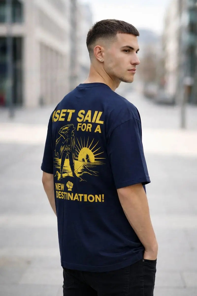 Navy blue Set Sail for a New Destination back print t-shirt
