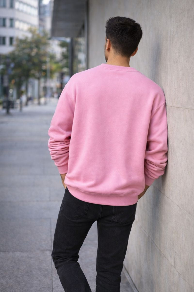 Back view of unisex pink cotton fleece sweatshirt
