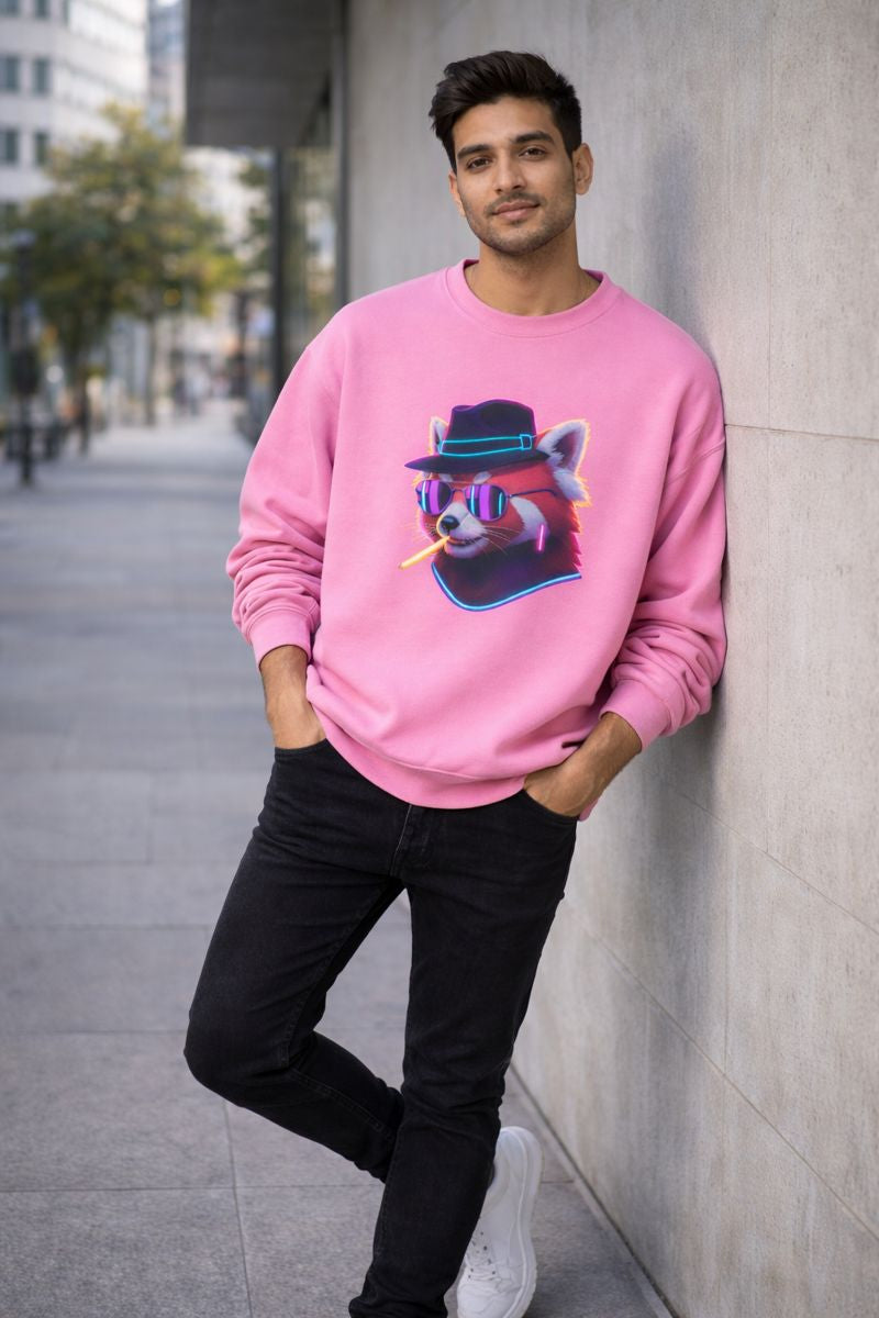 Neon fox graphic sweatshirt for men in pink color front view
