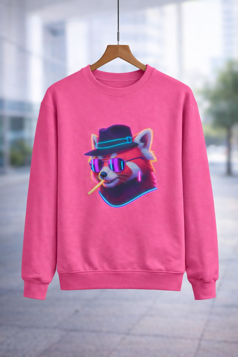 Pink neon fox printed sweatshirt hanging display