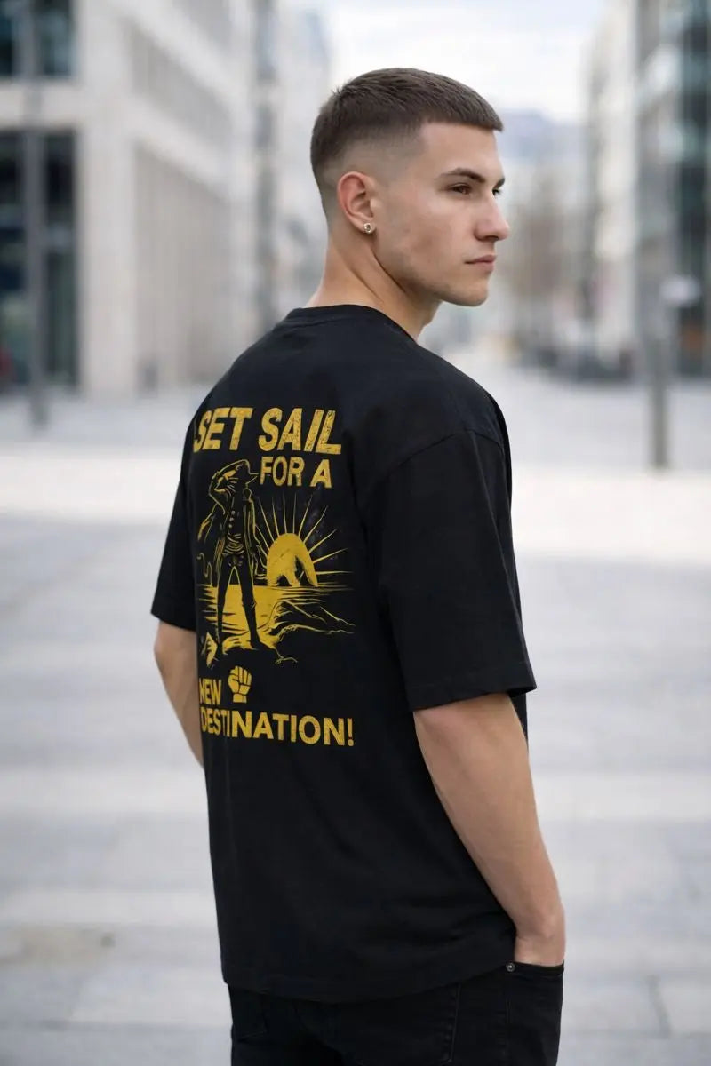 Set Sail for a New Destination graphic t-shirt black back view