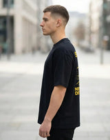 Side view men wearing Set Sail travel graphic cotton t-shirt