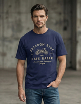 Side view of men wearing Freedom Ride Cafe Racer cotton t-shirt