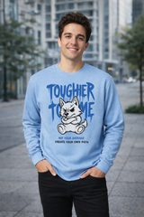 Male model wearing blue tougher than me graphic sweatshirt front view
