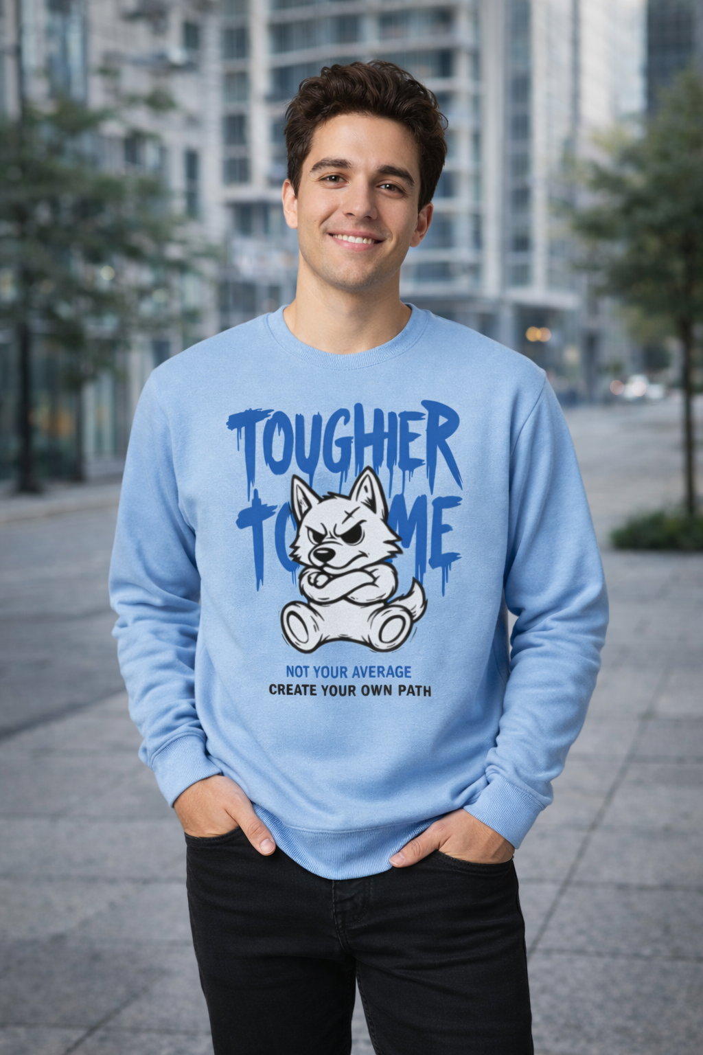 Male model wearing blue tougher than me graphic sweatshirt front view
