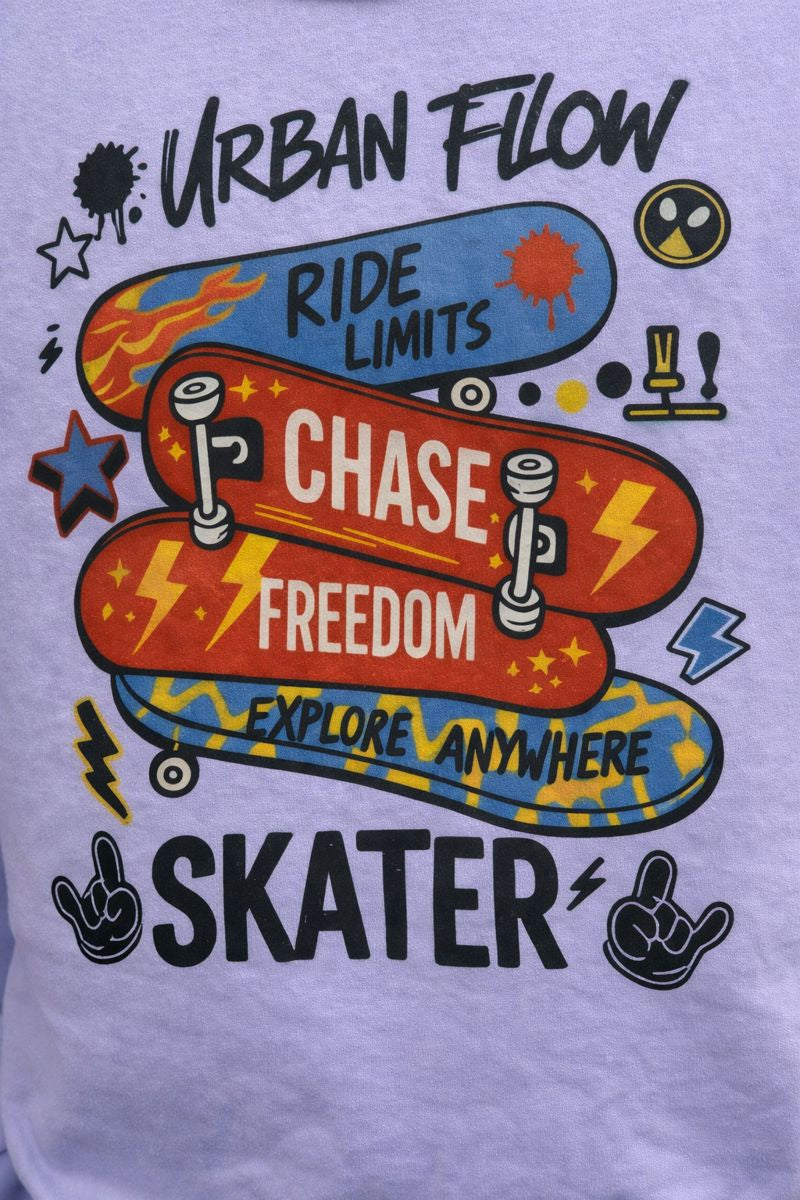 Urban Flow Skater graphic print close-up on cotton sweatshirt
