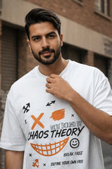 Men wearing Chaos Theory graphic oversized t-shirt made with 240 GSM cotton