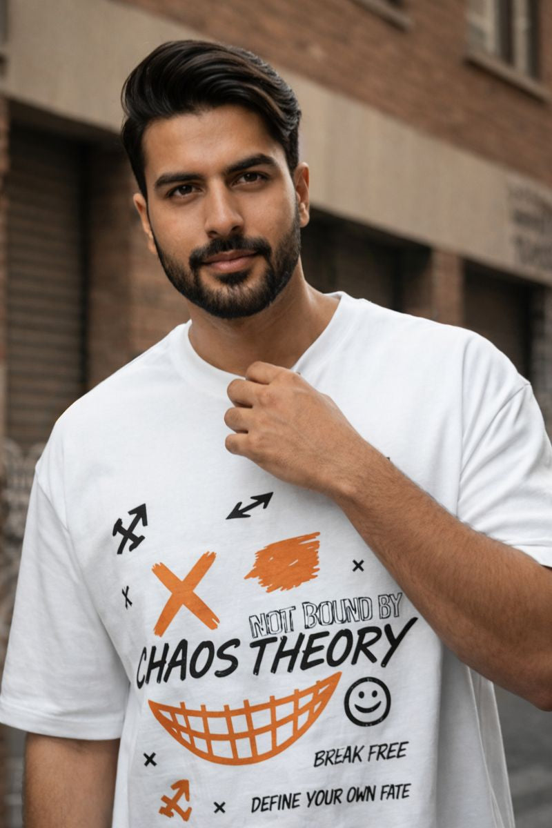 Men wearing Chaos Theory graphic oversized t-shirt made with 240 GSM cotton