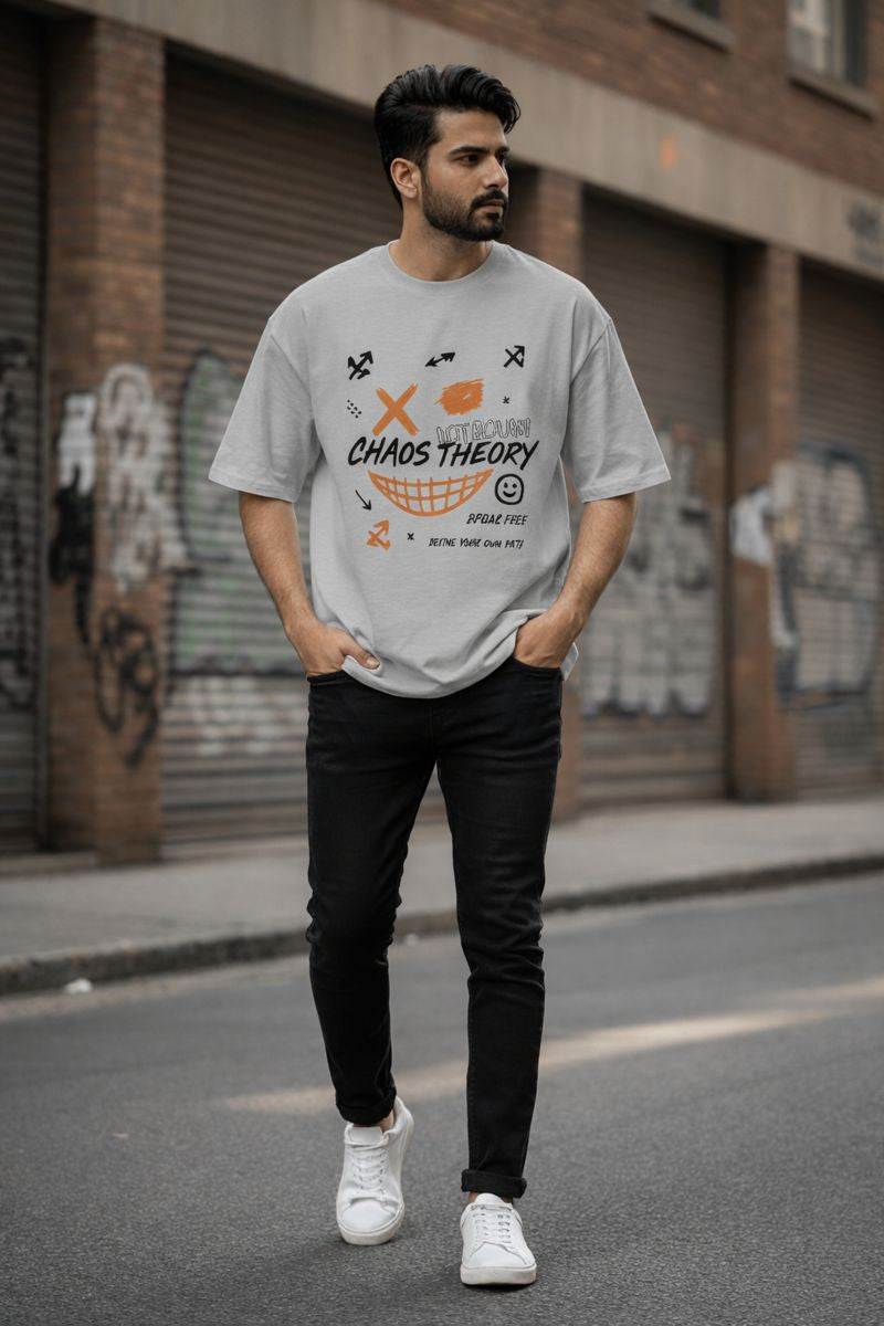 Grey Chaos Theory graphic oversized t-shirt made with premium cotton