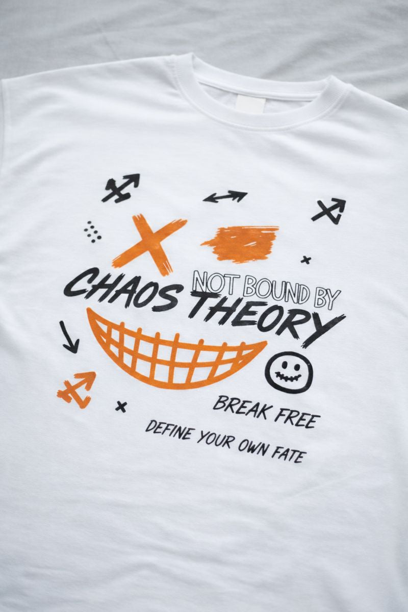 Close-up of Chaos Theory graphic print on 240 GSM cotton t-shirt