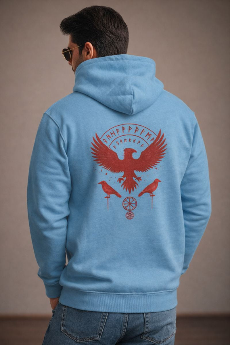 Eagle back print hoodie for men in sky blue color, bold graphic streetwear design