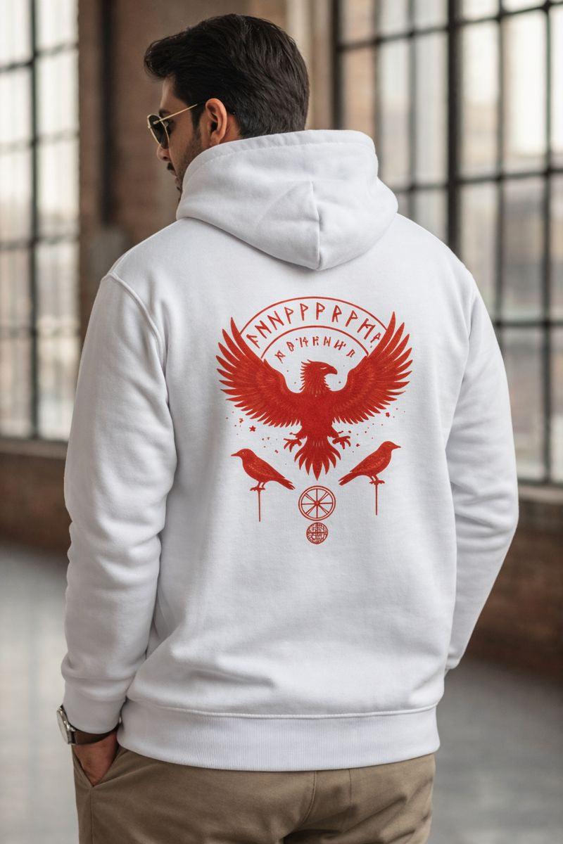 Eagle back print hoodie back view in white color, bold eagle graphic streetwear hoodie