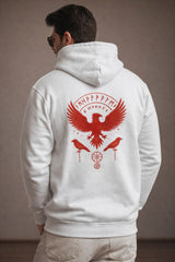 Eagle back print hoodie front view in white color, minimal premium cotton hoodie