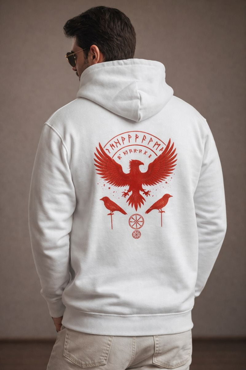 Eagle back print hoodie front view in white color, minimal premium cotton hoodie