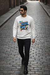 Forward Thinking oversized sweatshirt lifestyle shot for men, urban streetwear walking pose