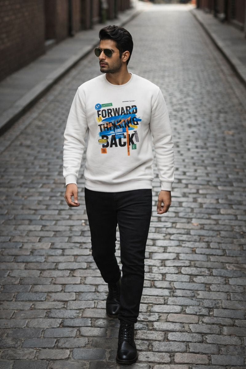 Forward Thinking oversized sweatshirt lifestyle shot for men, urban streetwear walking pose