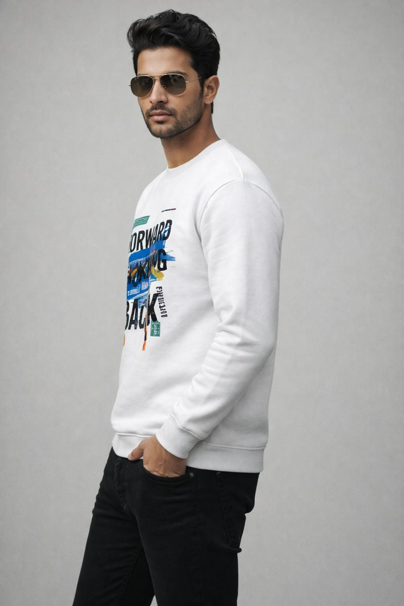 Forward Thinking oversized sweatshirt side profile view showing relaxed fit and premium fabric