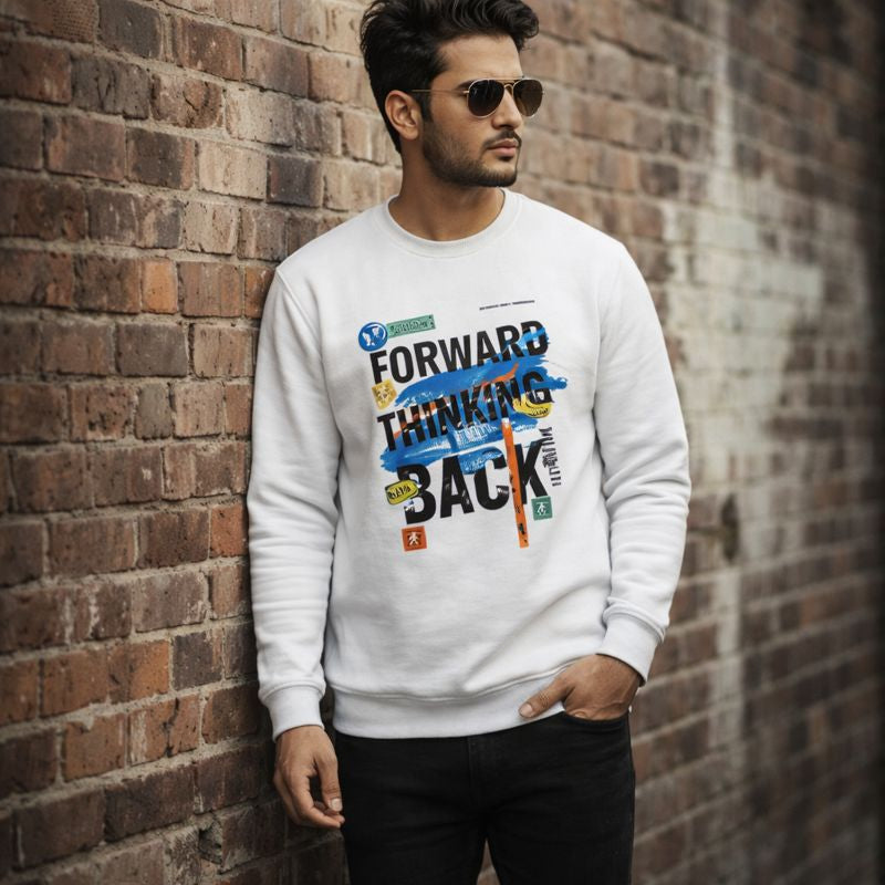 Forward Thinking oversized sweatshirt for men in white color, premium graphic streetwear front view