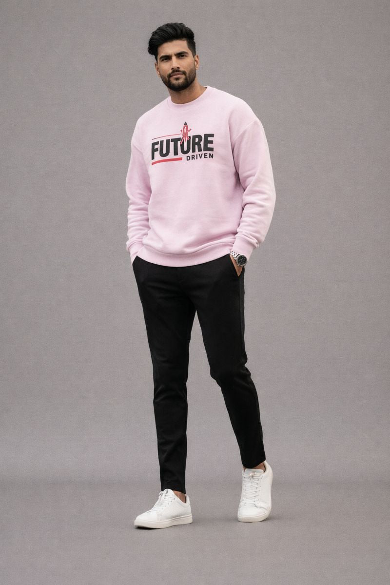 Future Driven oversized sweatshirt full body studio shot, premium streetwear outfit for men