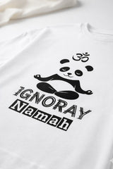 Close up of Ignoray Namah panda print on white cotton t shirt
