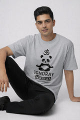 Grey panda printed Ignoray Namah t shirt for men premium cotton front view