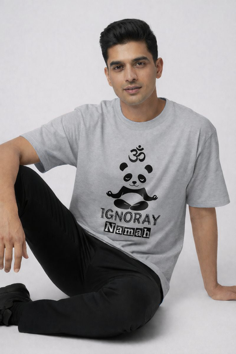 Grey panda printed Ignoray Namah t shirt for men premium cotton front view
