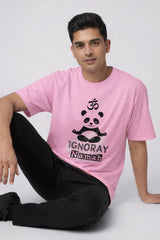 Pink Ignoray Namah panda printed t shirt for men front view casual sitting pose