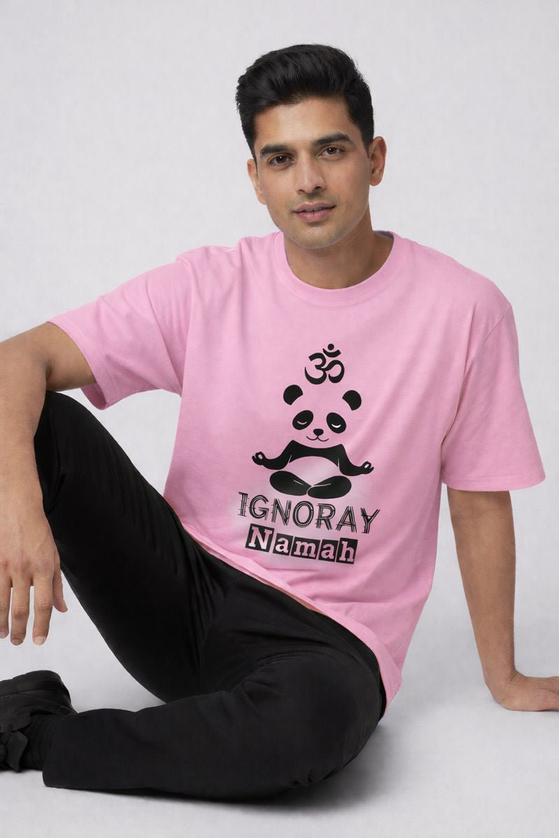 Pink Ignoray Namah panda printed t shirt for men front view casual sitting pose