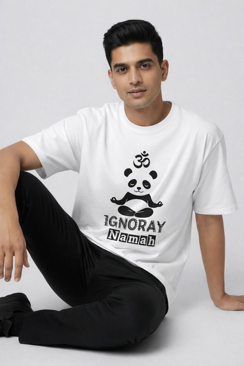 White panda graphic Ignoray Namah t shirt for men relaxed front pose