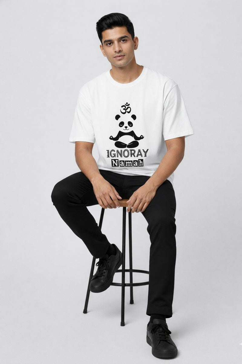 White Ignoray Namah panda printed t shirt front view sitting pose