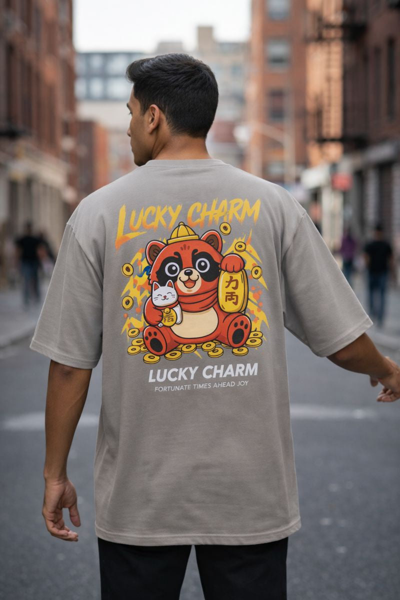 Lucky Charm panda back print oversized t shirt for men grey color streetwear