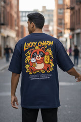 Lucky Charm panda back print navy oversized t shirt for men street style