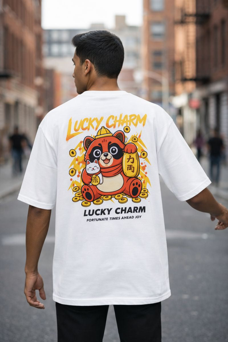 White oversized t shirt with lucky charm panda back graphic for men