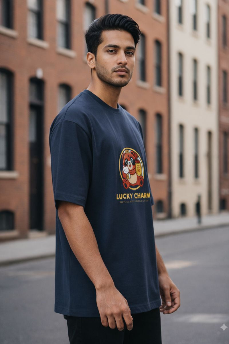Navy oversized t shirt with lucky charm panda front print lifestyle shot