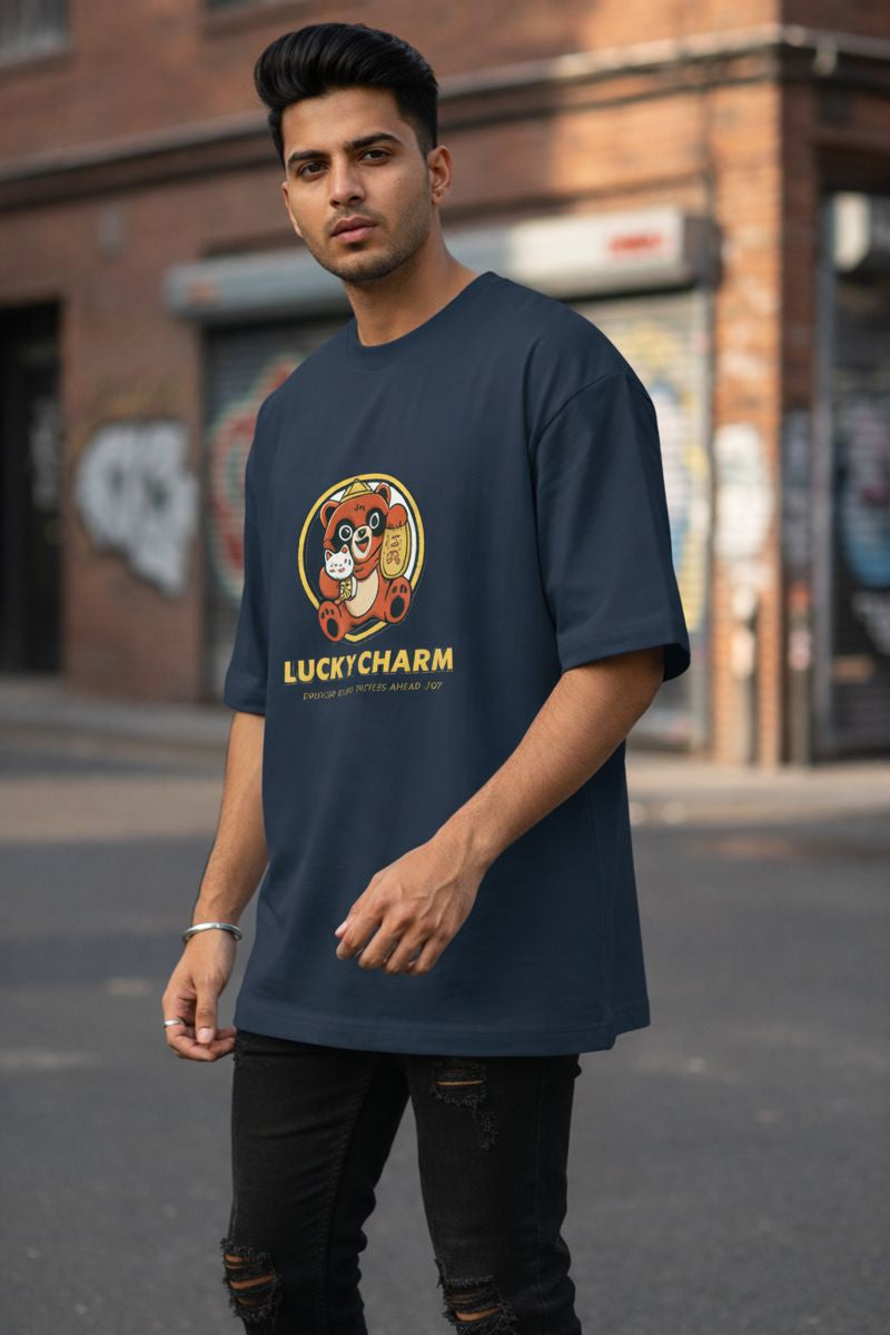 Front view of navy lucky charm panda oversized t shirt men