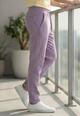 men purple cargo joggers side view with utility pocket and tapered fit